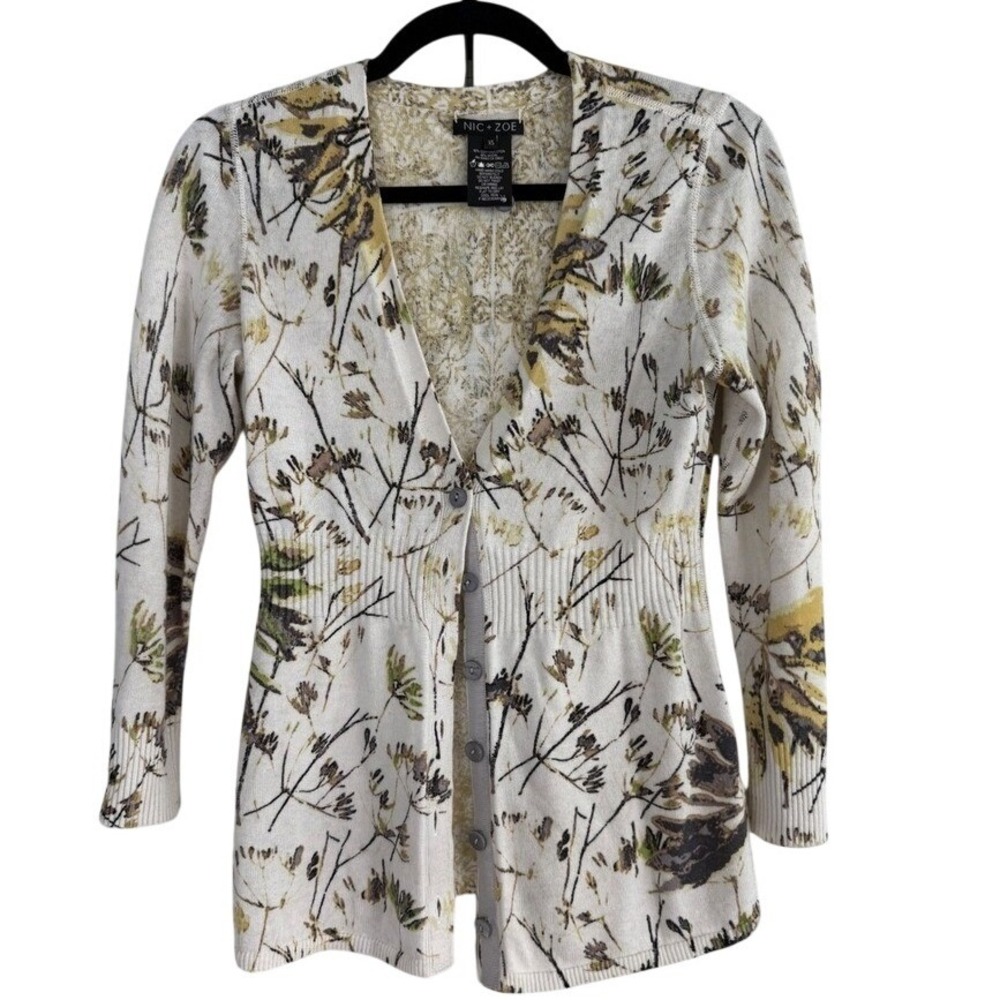 NIC + ZOE‎ Botanical Floral Print Cardigan XS Cream Yellow Green Cotton Modal